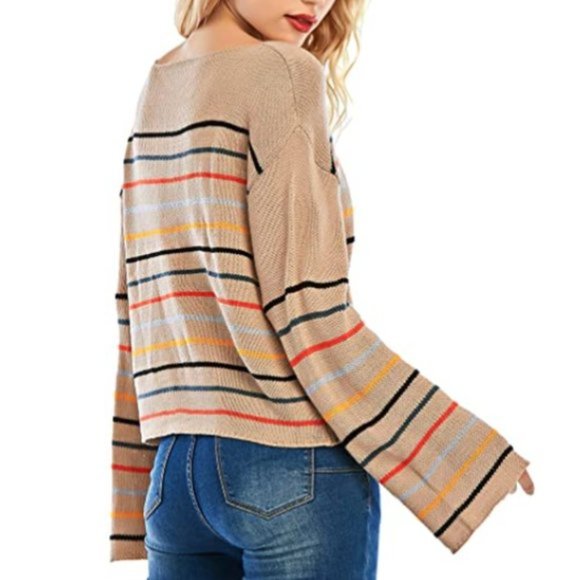 NWT Striped Knit Bell Sleeve Slouchy Sweater Top. - Picture 3 of 6